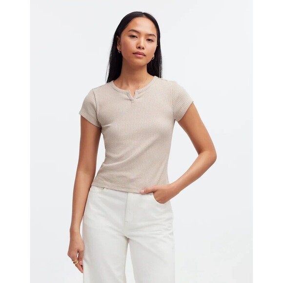 Madewell Tops - Madewell Ribbed Split Neck Tee T Shirt Drill Khaki Tan Size S NWT